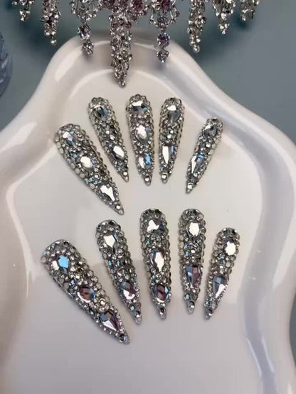 Press On Nails Kit 10pcs Handmade Rhinestone Luxury Extra Long Almond Pointed Fake Nails Y2K Silvery Acrylic Nail Art with Nail Tools Stickers Charms DIY Salon Party Christmas Nail Set