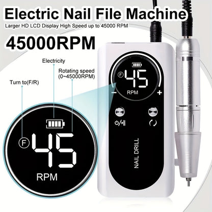 Nail Drill Machine 45000 RPM Brushless Motor Rechargeable Electric Nail File with LCD Screen 6 Bits Kit for Gel Acrylic Manicure Pedicure Home Salon Professional