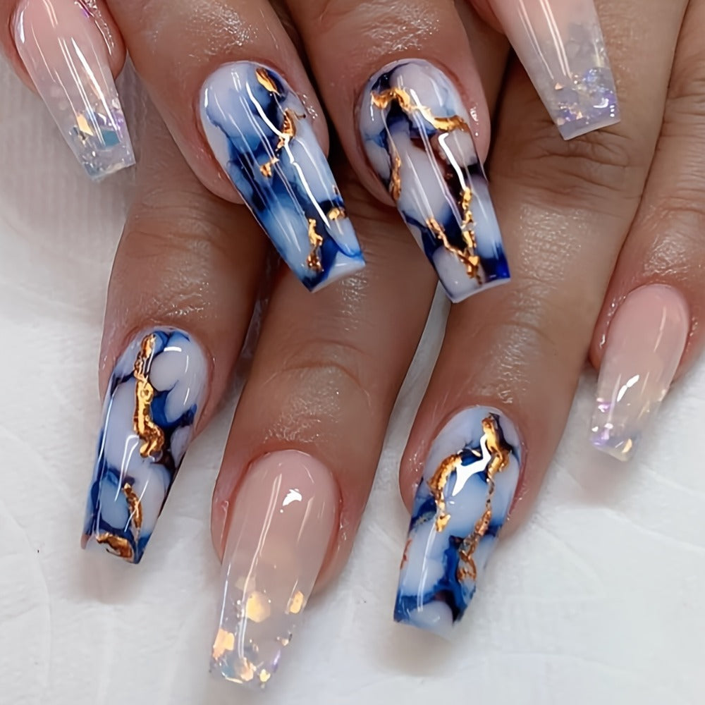 144pcs Coffin Press On Nails Medium Length Fake Nails Artificial False Nails with Blue Marble & Sequins Designs Glossy Acrylic Nails Nude Full Cover Glue On Nails for Women 6pcs