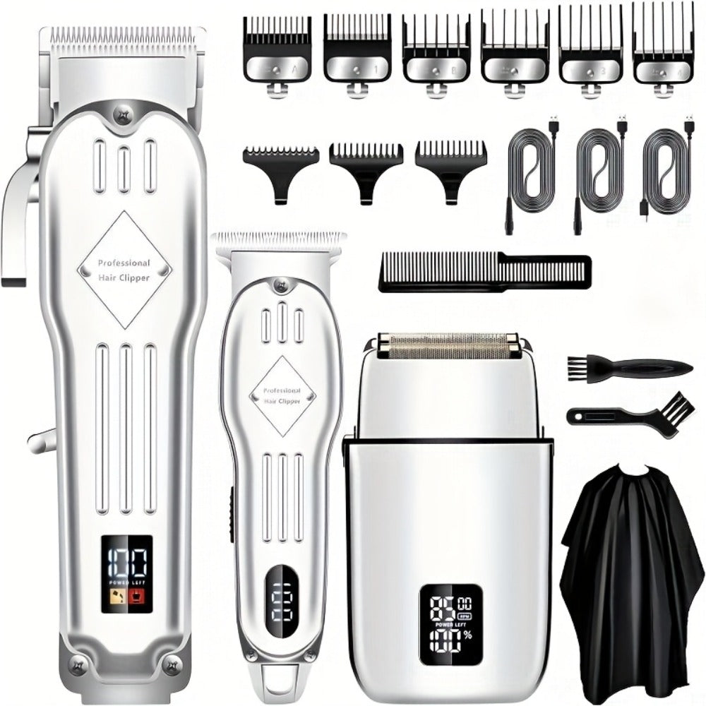 Men's Professional Hair Clipper Combo Set - Foil Shaver, Detail Trimmer, Adjustable Blades - USB Rechargeable, LCD Display, Complete Accessories for Home/Barbershop