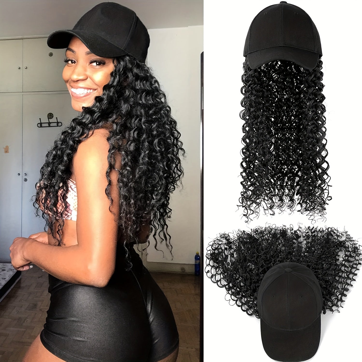 Elegant Women'S Baseball Cap Wig with Long Afro Kinky Curls, Synthetic High-Temperature Fiber Hairpiece with Adjustable Elastic Net Cap, Versatile Styling for All - Black Hat+Wig Combo