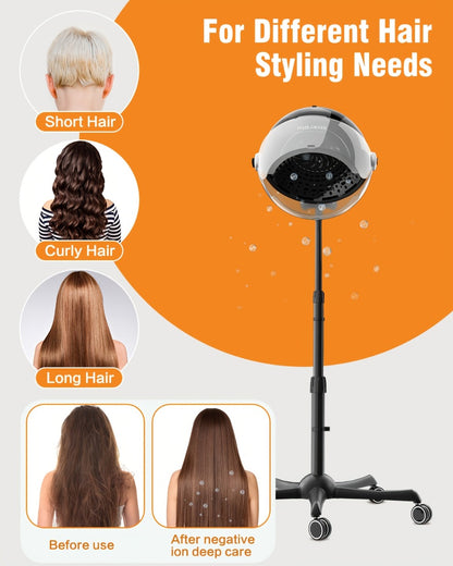 Standing Hooded Hair Dryer 1875W — Professional Ionic Floor-Standing Hood Dryer for Salon, Adjustable Height, Deep Conditioning, Natural Hair, 4 Colors
