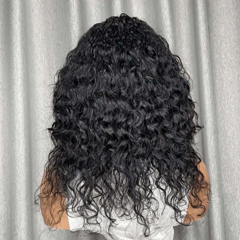 Water Wave Wig with Bangs Remy Human Hair Glueless Full Machine Made Rose Net Cap Non-Lace Natural Look Daily Wear & Party 16 Inch Black & 1B