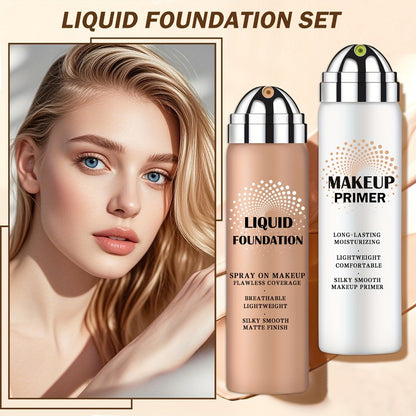 Liquid Foundation & Primer Set — Long-Lasting Silky Smooth Formula | CC Cream BB Cream | Mature Skin | 4 Shades: Natural Beige Nude Porcelain