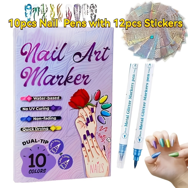 10 Colors 3D Nail Art Pens DIY Set, Double Ended Metallic Nail Marker Pens Graffiti Dotting Drawing Painting Liner Pen, Quick-Drying Acrylic Paint Pen for Home Salon Quickly Dry Nail Art