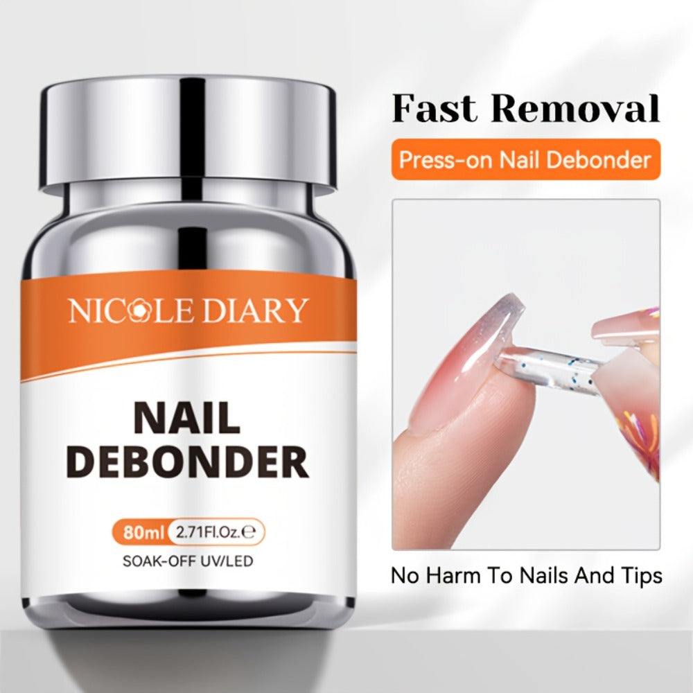Nail Debonder Remover 80ml Fast 3-5 Seconds Soak-Off Liquid for Press On Nails False Nail Tips Rhinestone Glue Remover Tool Easy Nail Glue Dissolve No Damage Nail Care