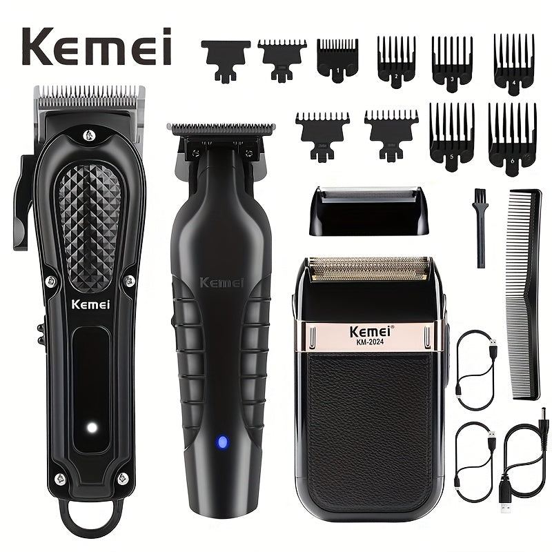 Hair Clipper & Beard Trimmer Set for Men — Kemei Professional Grooming Kit with Reciprocating Shaver, USB Rechargeable, Home & Salon Use, Gift for Dad (Set 1 / Set 2 / Style 1)