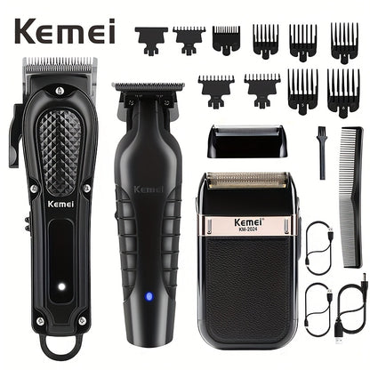 Hair Clipper & Beard Trimmer Set for Men — Kemei Professional Grooming Kit with Reciprocating Shaver, USB Rechargeable, Home & Salon Use, Gift for Dad (Set 1 / Set 2 / Style 1)