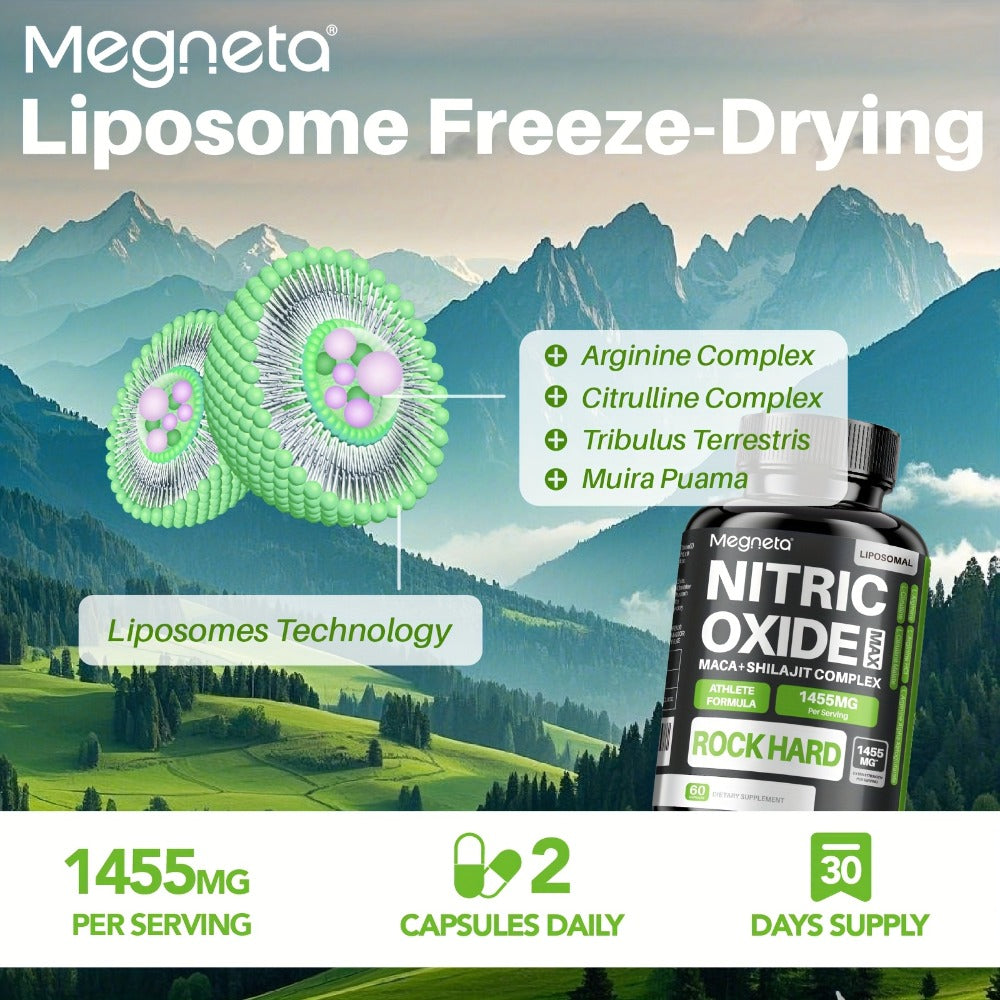 Megneta Nitric Oxide, Men's Vitality Supplement for Energy and Focus, Healthy Blood Flow, Cardiovascular Health, with L Arginine & L Citrulline - 60 capsules