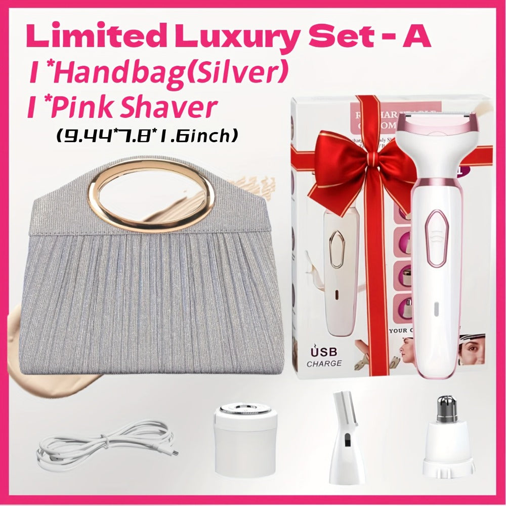 Electric Razor for Women, 4-in-1 Rechargeable Grooming Kit | Limited Luxury Set | Ultimate Shaving Care Gift, Lady Electric Shaver for Face, Nose, Legs And Underarm, Bikini Trimmer for Women Wet & Dry Painless, Hair Razor Rechargeable & Portable