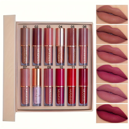 Lip Gloss Set 12 Pcs Matte Non-Stick Non-Fading Long-Lasting Lip Gloss Kit, Assorted Colors Liquid Lipstick Set, Beauty Gift for Women & Girls