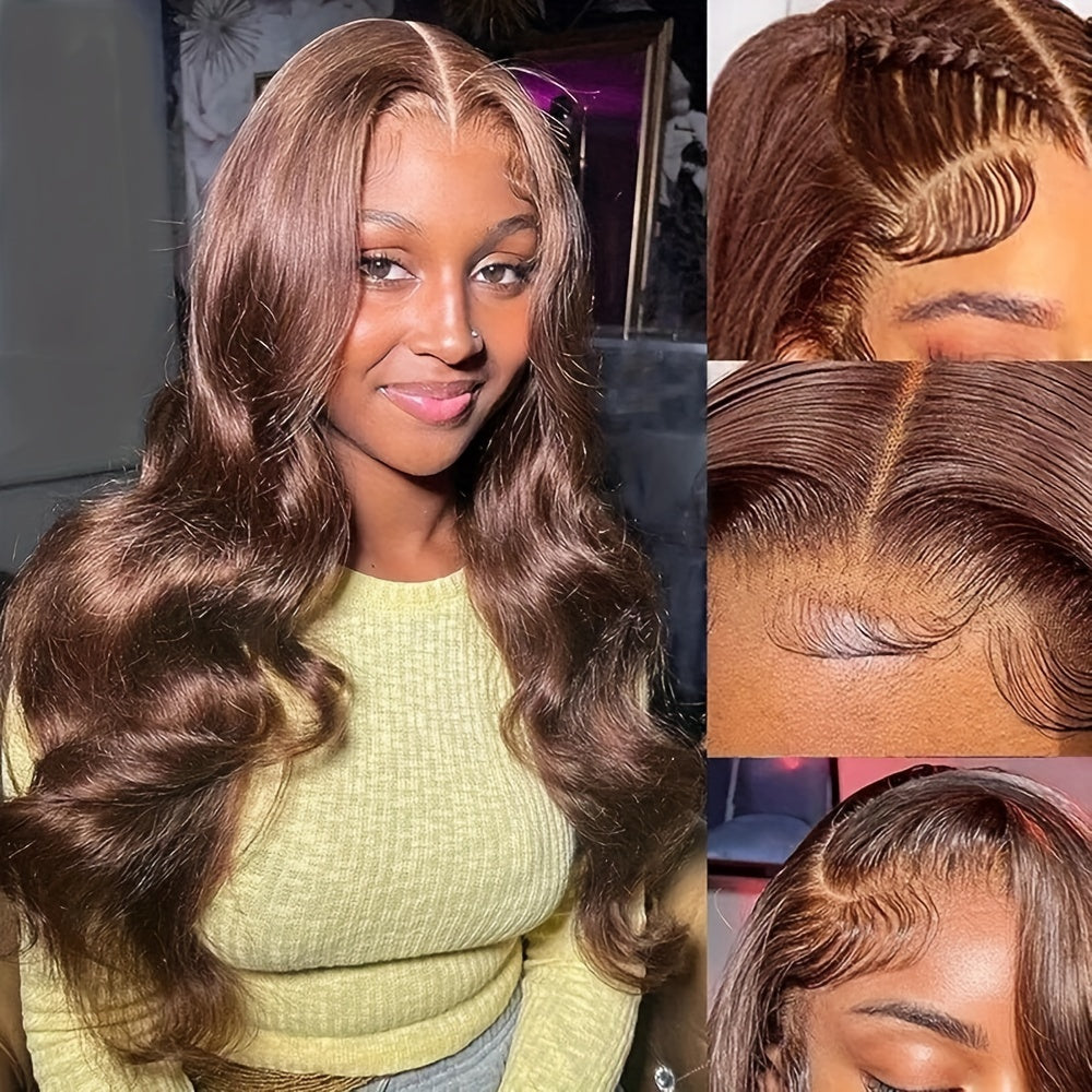 26-Inch Brown Body Wave Lace Front Wig, Synthetic Hair, Heavy Density, Glueless Design, Perfect for Daily Wear, Parties, And Cosplay