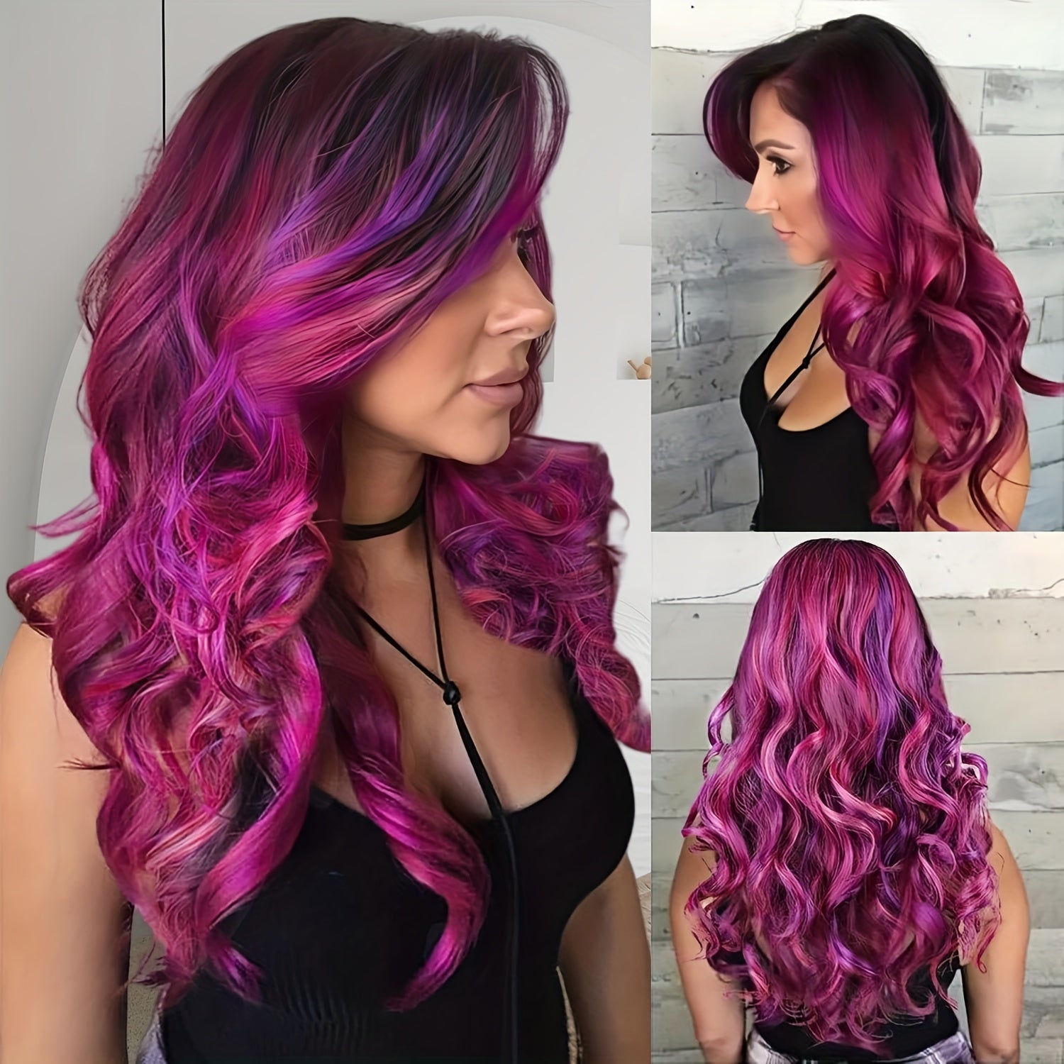 Long Wavy Ombre Purple Wigs for Women Ombre Rose Red Body Wave Synthetic Wig with Bangs Side Part Dark Purple Heat Resistant Wig for Daily Party Costume Halloween Use, 26 Inch Mother's Day