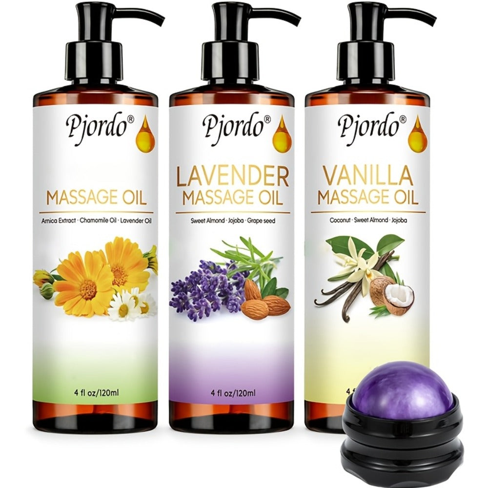 3pcs 4.06 oz Massage Essential Oil Set, Vanilla Oil, Arnica Oil, Lavender Massage Oil For Date Night, Massage Roller Ball, Moisturizing Massage Kit, For All Skin Types, Scented, Unisex-adult