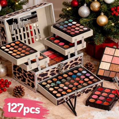 Makeup Kit Gift Box Silvery Multi-Functional Set with Mirror, Lipstick, Eyeshadow & Blush - Portable Long-Lasting Cosmetic Kit for Beginners & Teens, Multiple Shades, Perfect Gift for Women