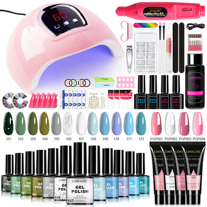 Gel Nail Polish Kit with UV Lamp & Electric Nail Drill - 12 Colors Gel Polish, Poly Extension Gel, Top & Base Coat, Glitter, Nail Art Complete Starter Set for Home Salon
