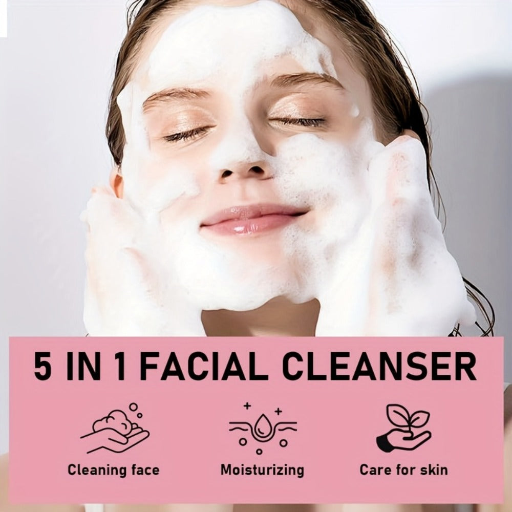 This Five-In-One Facial Cleanser Combines Hyaluronic Acid, Niacinamide, Vitamin C, Vitamin E, And Collagen to Help The Skin Bid Farewell to Dryness And Dullness, Leaving It Smooth And Delicate. Its Rich Foam Deeply Cleanses Oil And Dirt