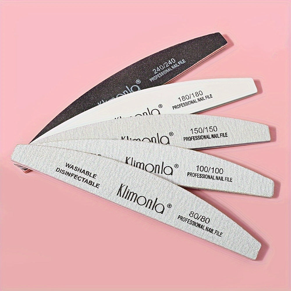 High-Quality Nail Filing And Shaping Tools, Including Gray Sanding Strips And Half-Moon Files, Available in Packs of 5 Or 10, Complete with an OPP Bag.