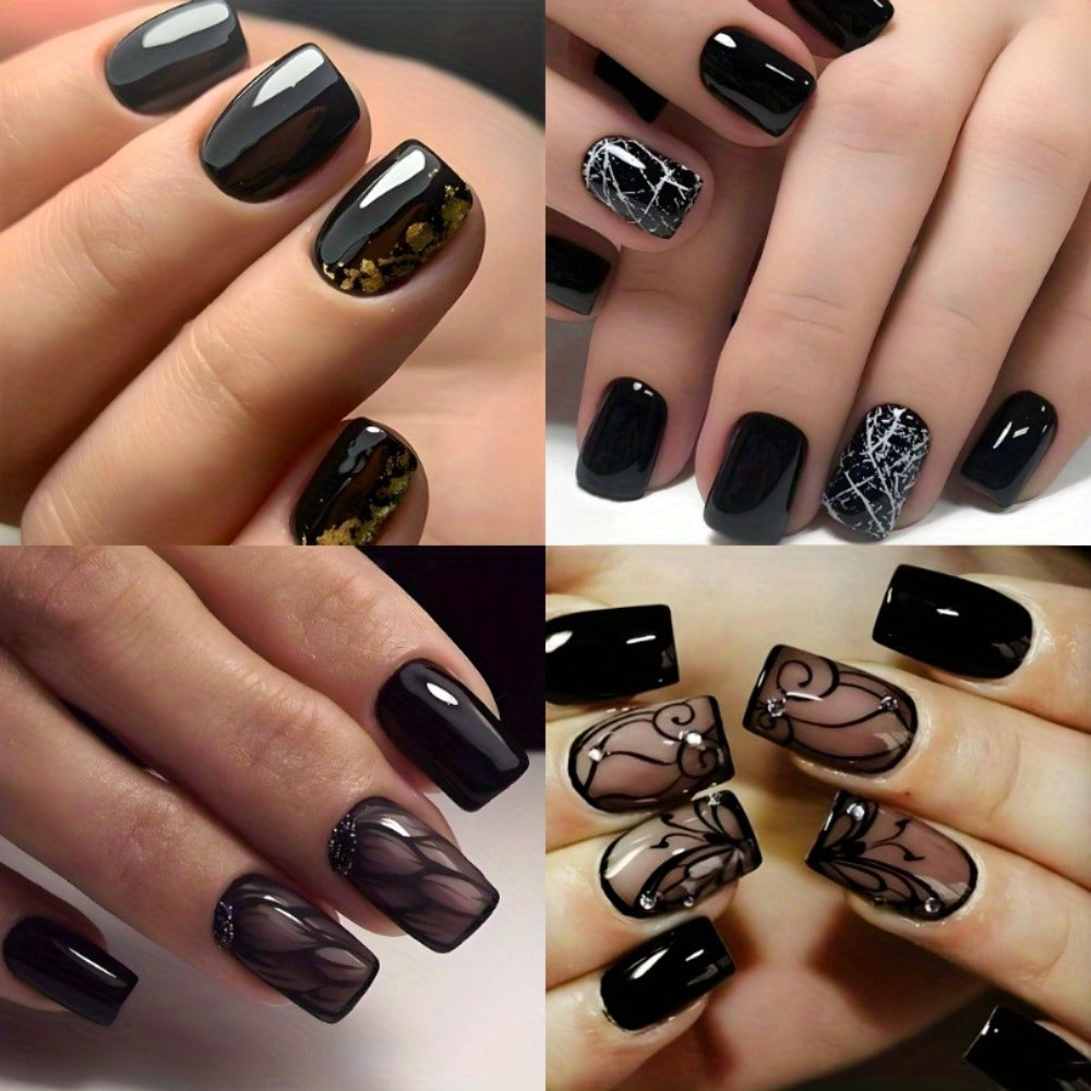 96 Pcs Black Press on Nails Short Square - Cute Summer Fake Nails Glossy False Nails Press ons Full Cover Nail Tips with Ice Cracks Design Acrylic Nail Kit Stick on Nails for Women