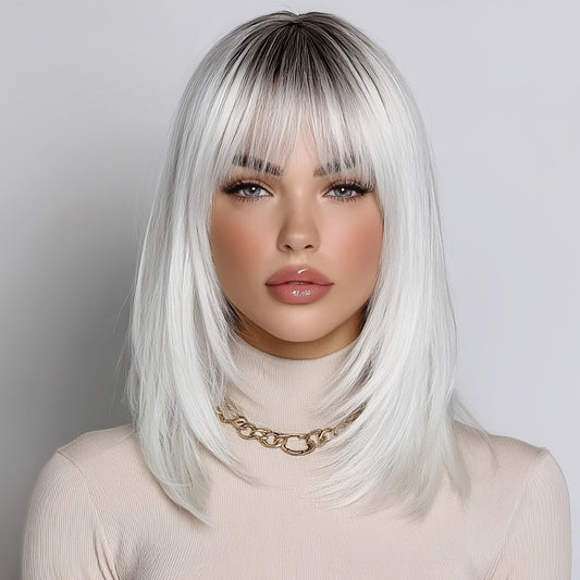 White Gradient Straight Hair Women's Glue-free Wig | with Bangs Simulation Craft Natural & Smooth | Paste-free Invisible Realistic Smooth & Easy to Maintain | Daily Commute & Date Styling Choice