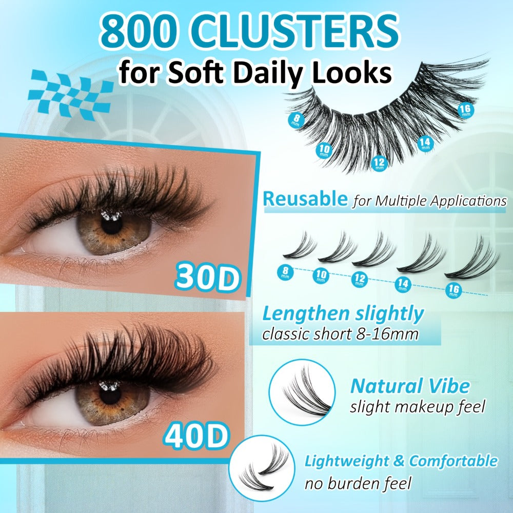 Glue/800pcs Wispy Lash Clusters Set 30D 40D Mixed Length 8-16Mm, Eyelash Extension Kit with 2-In-1 Bond & Seal Glue And Lash Tweezers, Long-Lasting Natural Fluffy Packaging Random Lashes for Everyday Wear, Travel & Events