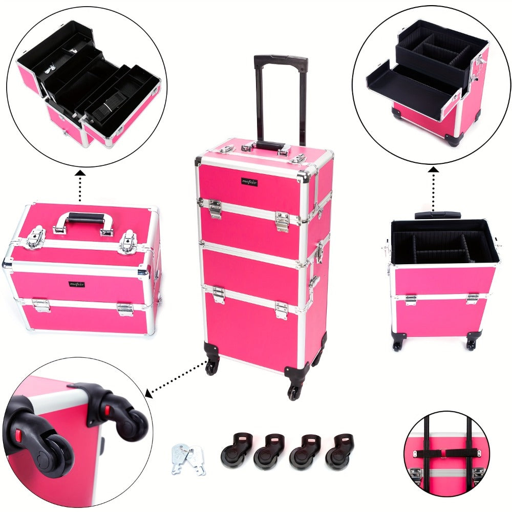 4 Tier Lockable Cosmetic Makeup Train Case with Extendable Trays for Lab Pink