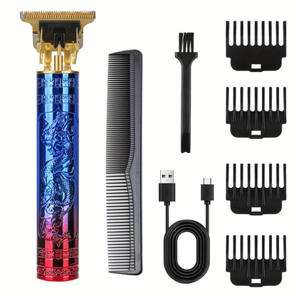Electric Hair Trimmer for Men - Retro T-Blade Clipper, USB Rechargeable 1000mAh, 4 Guide Combs, 240-Min Runtime, Dragon & Buddha Designs, Black Bronze Blue Purple