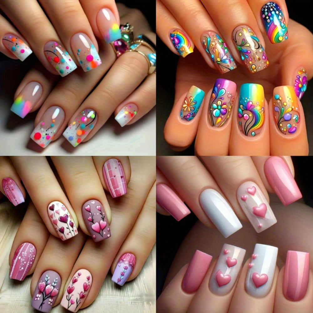 Set of 96 Almond-Shaped Press-On Nails (4 Packs) Featuring Sparkling Hearts And Glitter Details - Comes with Jelly Adhesive Tabs And a Nail File - Ideal for Valentine'S Day