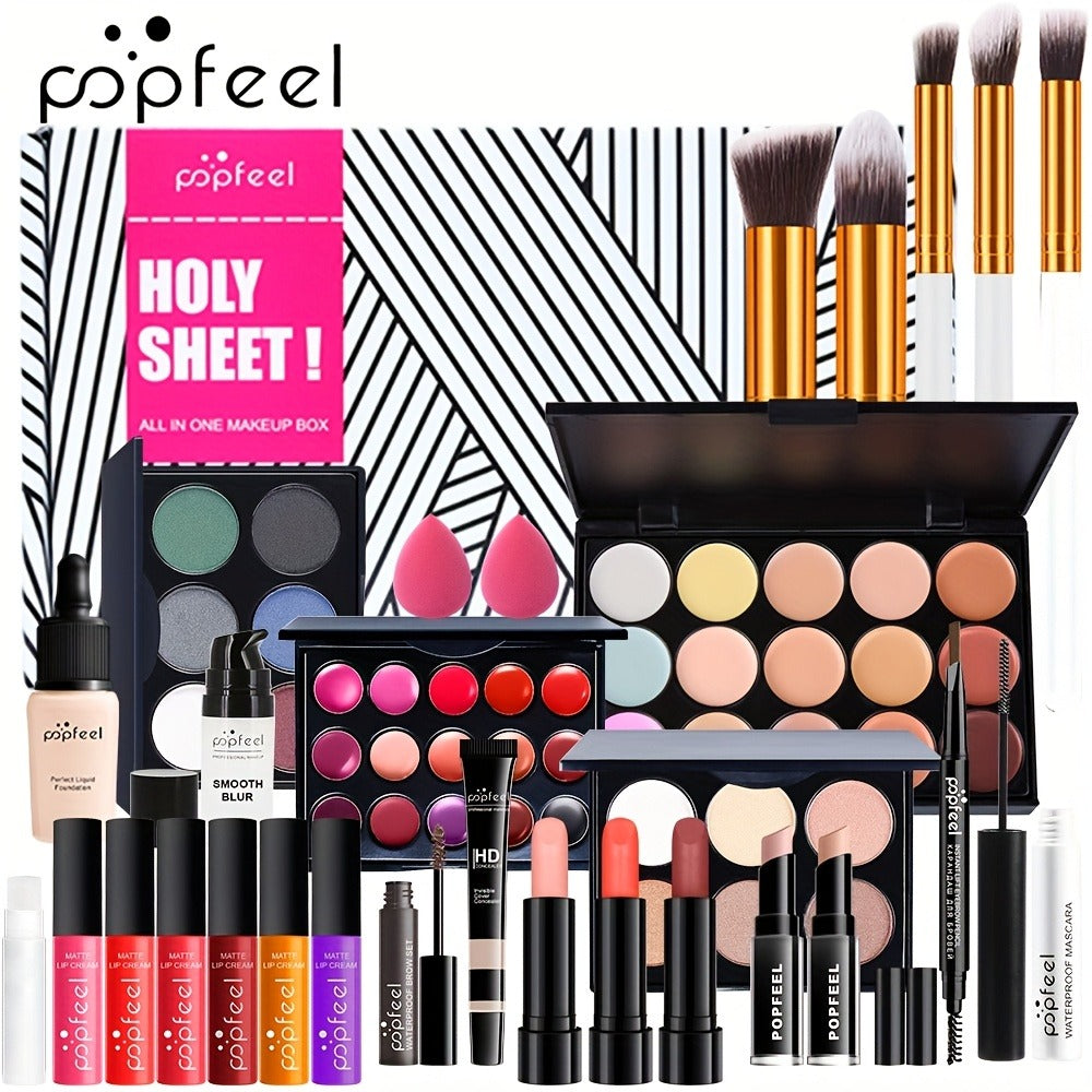 Makeup Set with Eyeshadow Palette, Makeup Brushes & Lip Color — POPFEEL Professional Multi-Shade Kit for Full Face Looks, Perfect Valentine's Day & Mother's Day Gift for Beauty Lovers