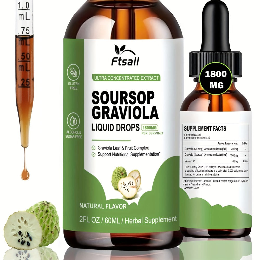 Ftsall Soursop Bitters 1800mg High Absorption Soursop Graviola Liquid Drops Gluten Free 2fl.oz Soursop Leaf Drops