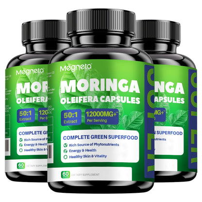 Moringa Capsules 12000mg — Pure Moringa Powder Supplement for Energy, Skin Health, Gut Health & Immune Support | Rich in Antioxidants | 60 Capsules per Bottle