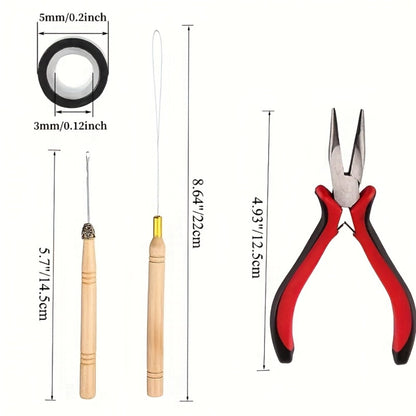 Hair Extension Tools Kit Complete Set 1500 Micro Rings Plier Crochet Hook Needles Threader Rubber Bands Clips Heat Shield Guards Sewing Thread for Hair Styling