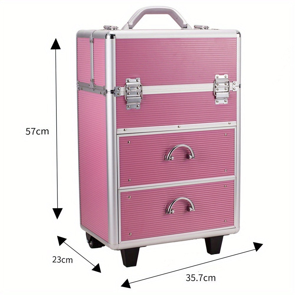4 Tier Lockable Cosmetic Makeup Train Case with Extendable Trays Pink
