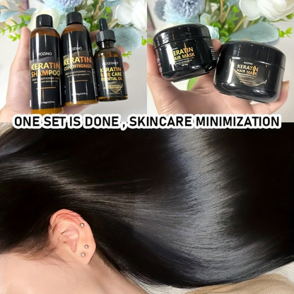 Keratin Hair Care Set 5pcs – Shampoo, Conditioner, Hair Mask & Essential Oil | Cleanses, Strengthens, Repairs Split Ends & Volumizes | Squalane & Glycerin Formula, Unisex