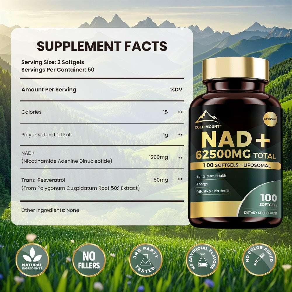 NAD+ Supplement 62500mg - Nicotinamide Riboside & Trans-Resveratrol | for, Repair & | Supports Light, Brain & Healthy Aging | 100 Softgels, 50-Day Supply, Focus Enhancement, Memory Support, High Potency