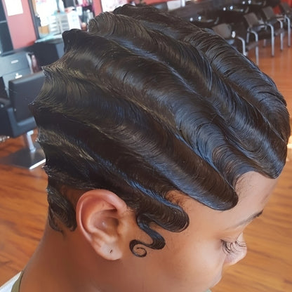 Short Human Hair Wig Pixie Cut Finger Wave Deep Ocean Wave Brazilian Virgin 180% Density Rose Net Cap Women 1B 613 Blonde Party Ready