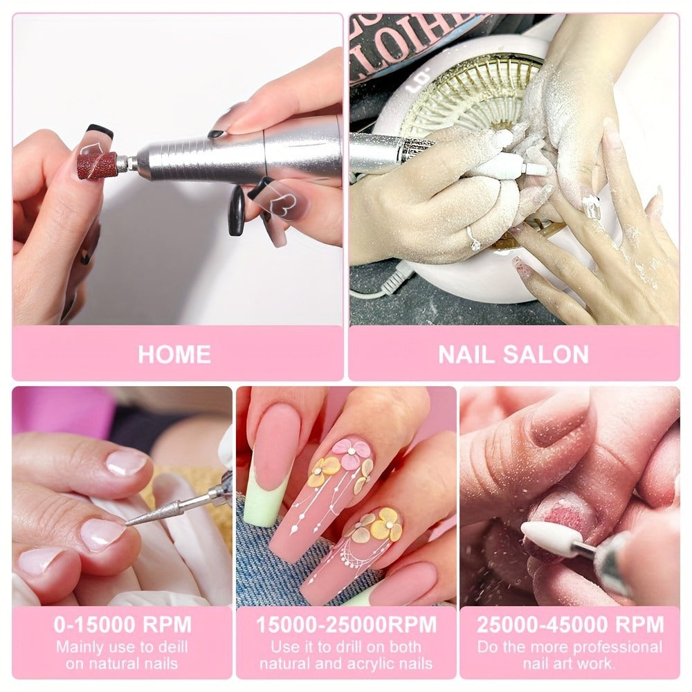 45000RPM Adjustable Speed Low-noise Nail Drill Cordless Display Power Portable Nail File Nail Grinder Suitable for Home Nail Salon Gel Nail Polishing for Nail Salon And Home