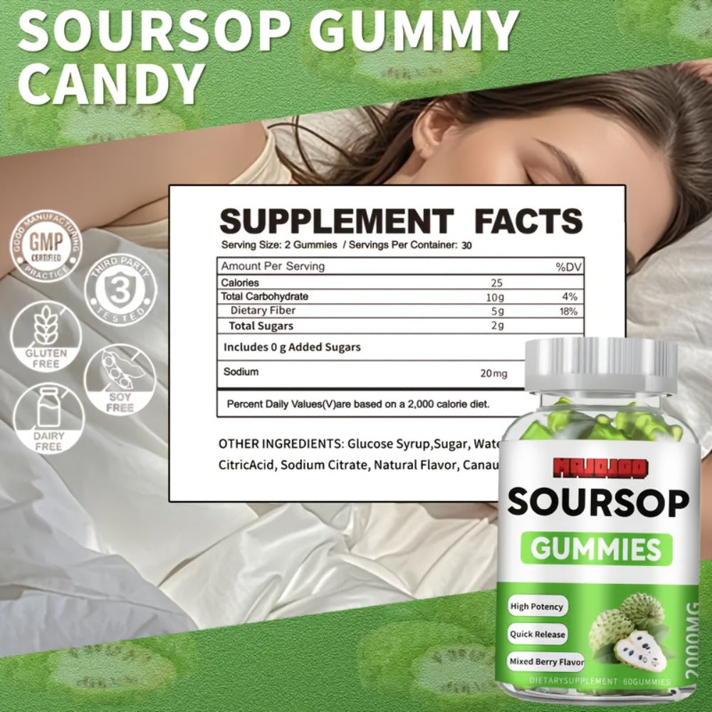 [Antioxidant Soursop Gummies] 2000mg Soursop Graviola Gummies | Supports Digestion, Provides Antioxidant Benefits for Man And Woman - 60 Gummies Per Bottle