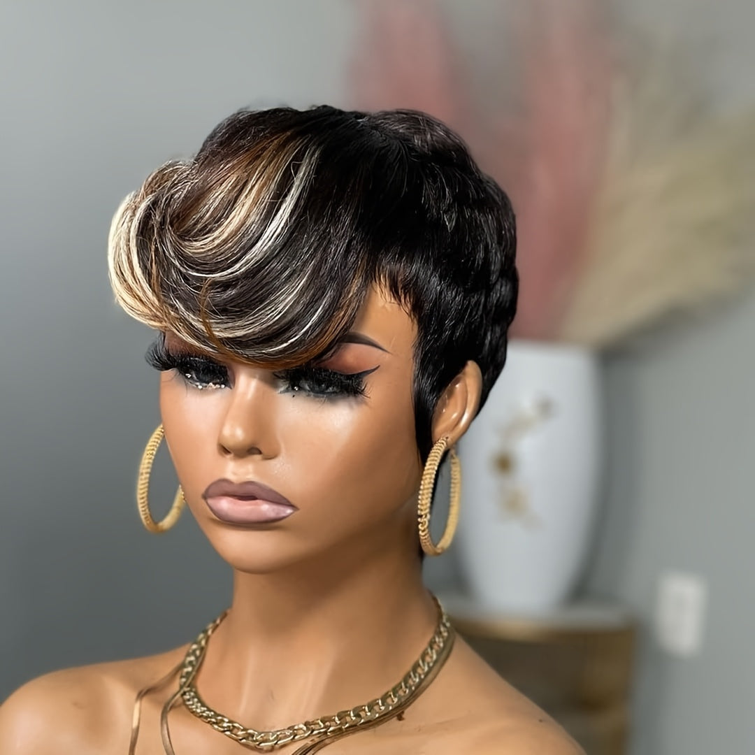 Short Pixie Cut Wig with Bangs Black & Blonde — Layered Style, Brown Blonde Mix, Rose Net Cap, Synthetic Wig for Black Women, 4 Inch Daily Wear