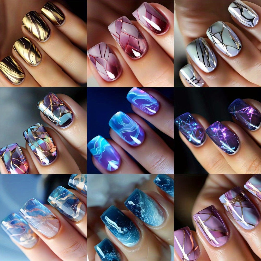 Press on Nails with Marble Texture 215pcs (9pcs) Fake Nails Gradient Designs Brown Lines Acrylic Nails Glossy Yellow Short Square Shaped False Nails Full Cover Stick on Nails for Women DIY Manicuare