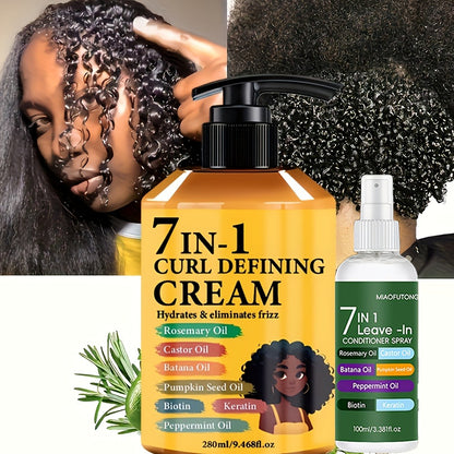 7-in-1 Hair Styling Cream & Leave-In Conditioner Spray Set 2pcs - Rosemary, Castor, Batana & Pumpkin Seed Oil with Biotin & Keratin | 9.47oz + 3.38oz