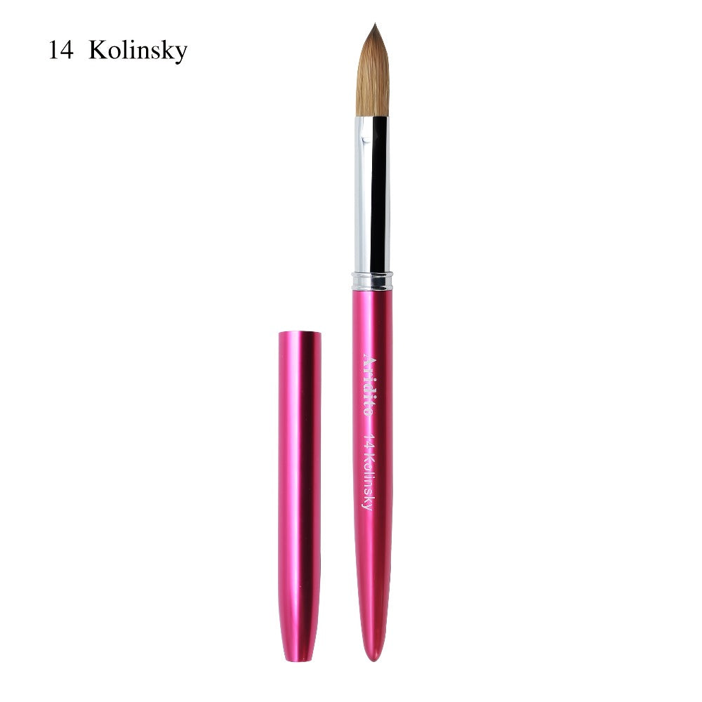 Aridito Professional Acrylic Nail Brush with 100% Kolinsky Hair - Flat Shape, Rose Red Handle & Cap for Manicure and Pedicure (Sizes 8, 10, 12, 14), Nail Art Accessories | Sleek Finish | Kolinsky Hair Bristles