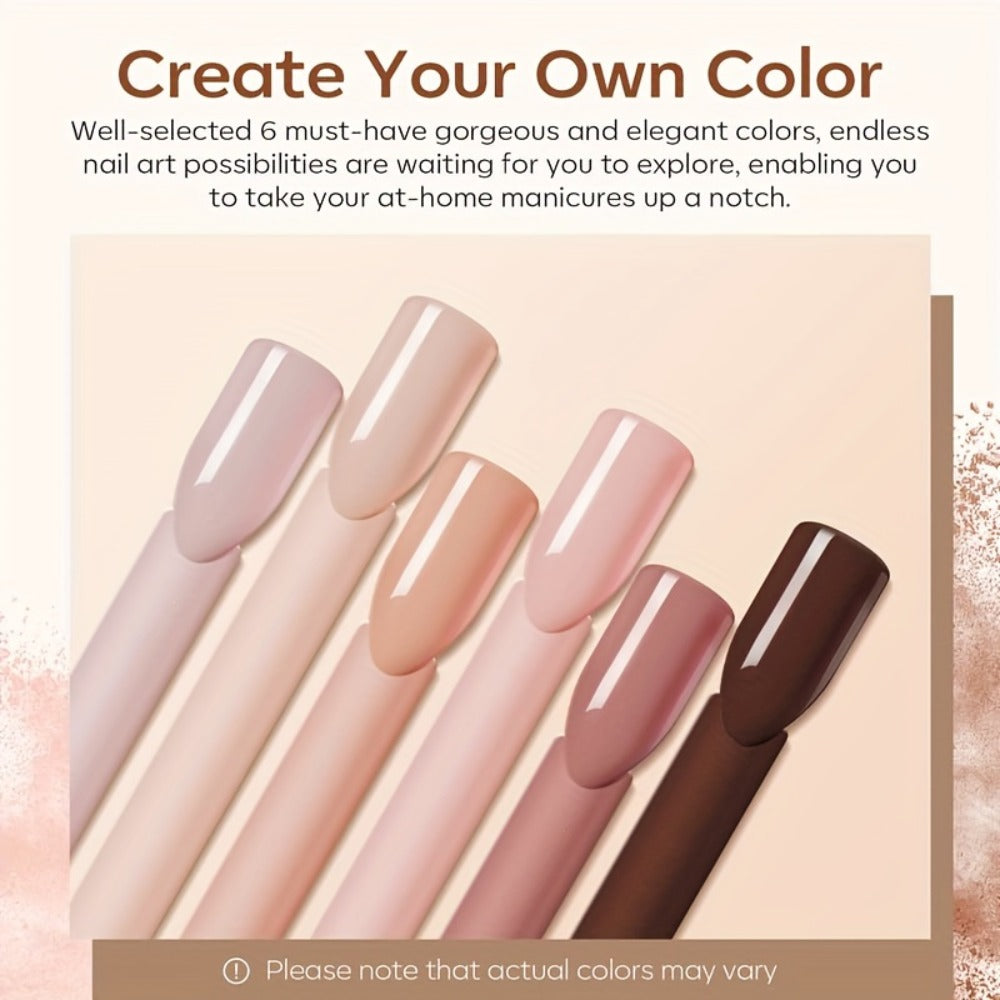 NOCIS 6pcs Nude Acrylic Dipping Powder Set - All Seasons Light Beige Tones, Brown Neutral Shades for 3D Nail Art, French Extensions & Carving, Odorless, No Power Needed, Perfect Gift for Women