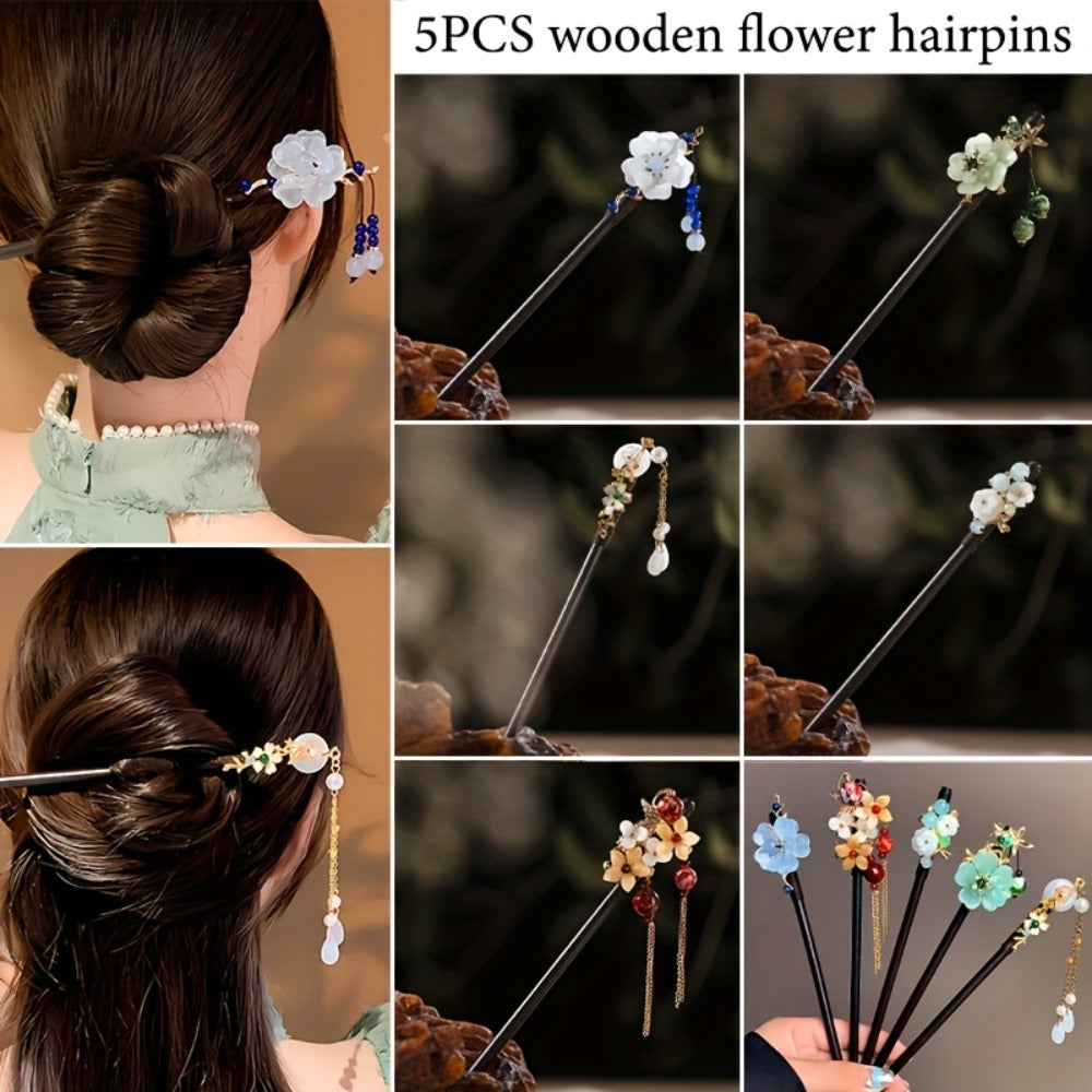 5pcs Flower Wooden Hairpins, New Style Retro Minimalist Hair Accessories, Back of Updo Hair Ornaments, Gifting