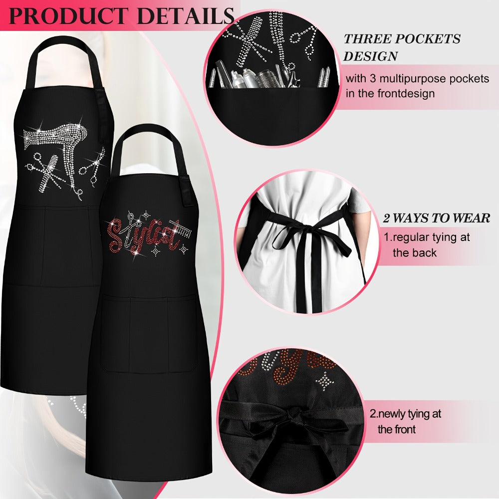 Barber Apron for Hair Stylists Set of 2 Rhinestone Detail 3 Pockets Professional Salon Apron Hairdresser Apron Barber Smock for Women Men Salon Barbershop