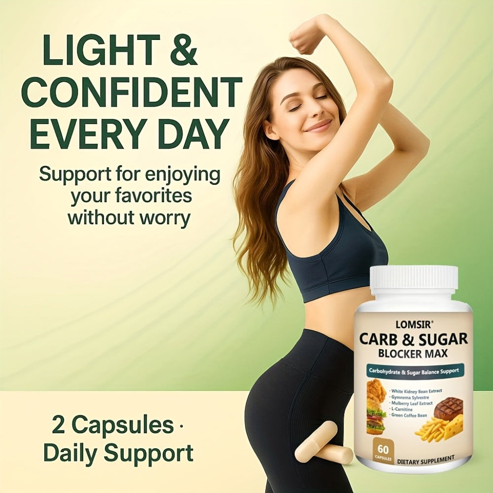 Carb And Sugar Blocker Max with White Kidney Bean Gymnema Sylvestre Mulberry Leaf L-Carnitine Carbohydrate And Sugar Balance Support Suitable for Men And Women - 60 Capsules