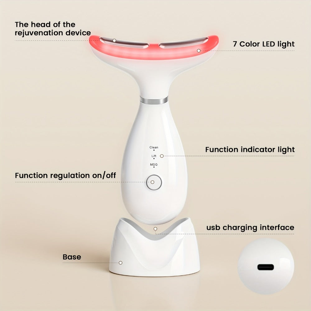 Upgraded 7-Color LED Vibrating Neck Device Beauty Gift, Neck And Facial Skin Massager, Portable USB Rechargeable Set, Electric Facial Massage Tool, Women'S Massager, Comfortable Skincare Product Suitable As A Gift For Women.