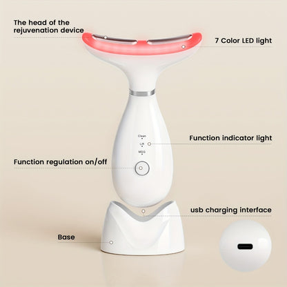 LED Neck Massager 7-Color Light Therapy Vibrating Face and Neck Skin Tightening Device USB Rechargeable Portable Electric Facial Massage Tool