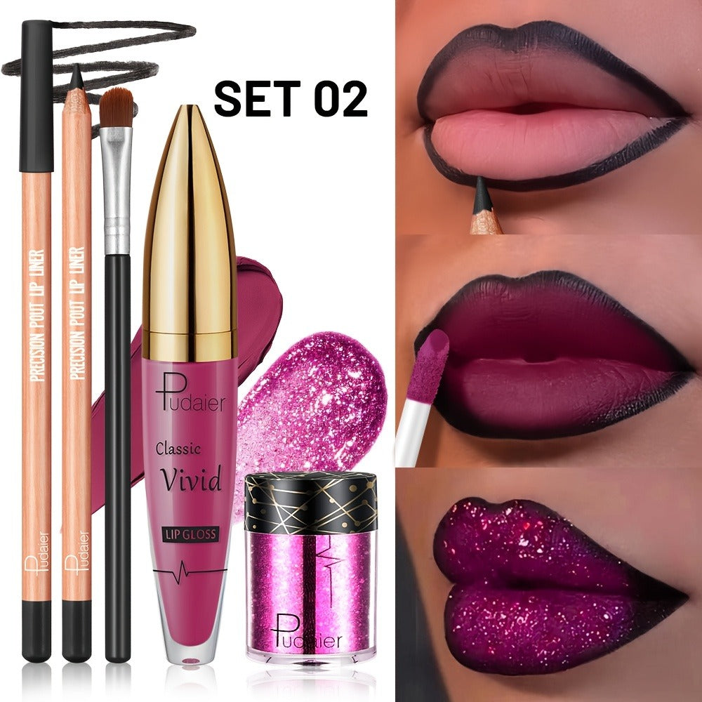 Glitter Lip Makeup Set - Sparkling Lip Glitter Kit with Lip Liner Lip Gloss Chunky Glitter & Lip Brush - Metallic Lip Combo for Party Festival Rave Makeup Gift for Women