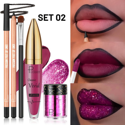 Glitter Lip Makeup Set - Sparkling Lip Glitter Kit with Lip Liner Lip Gloss Chunky Glitter & Lip Brush - Metallic Lip Combo for Party Festival Rave Makeup Gift for Women